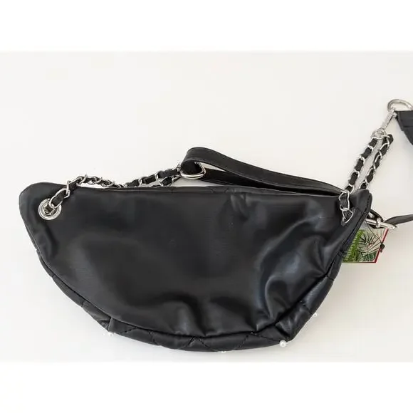 NWT Badgley Mischka Black Quilted Vegan Leather Belt Bag - Pearl & Chain Accent - Picture 5 of 8